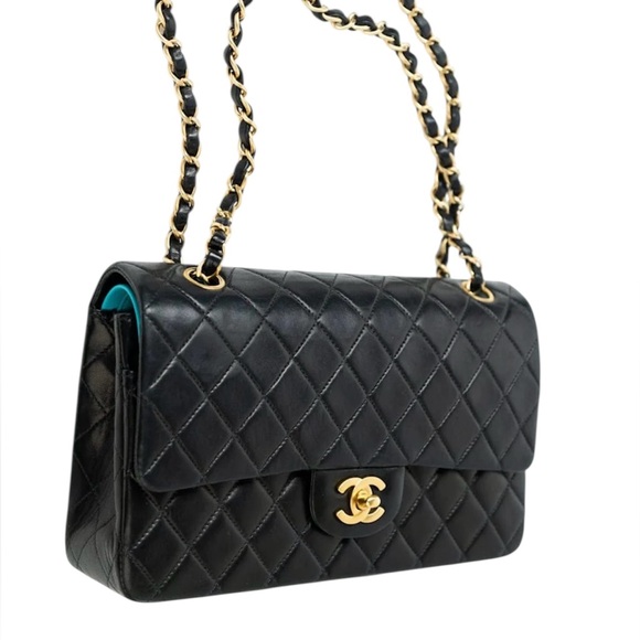 CHANEL Vintage Classic Flap Medium / Black Turquoise Lambskin / Rare - Picture 1 of 16